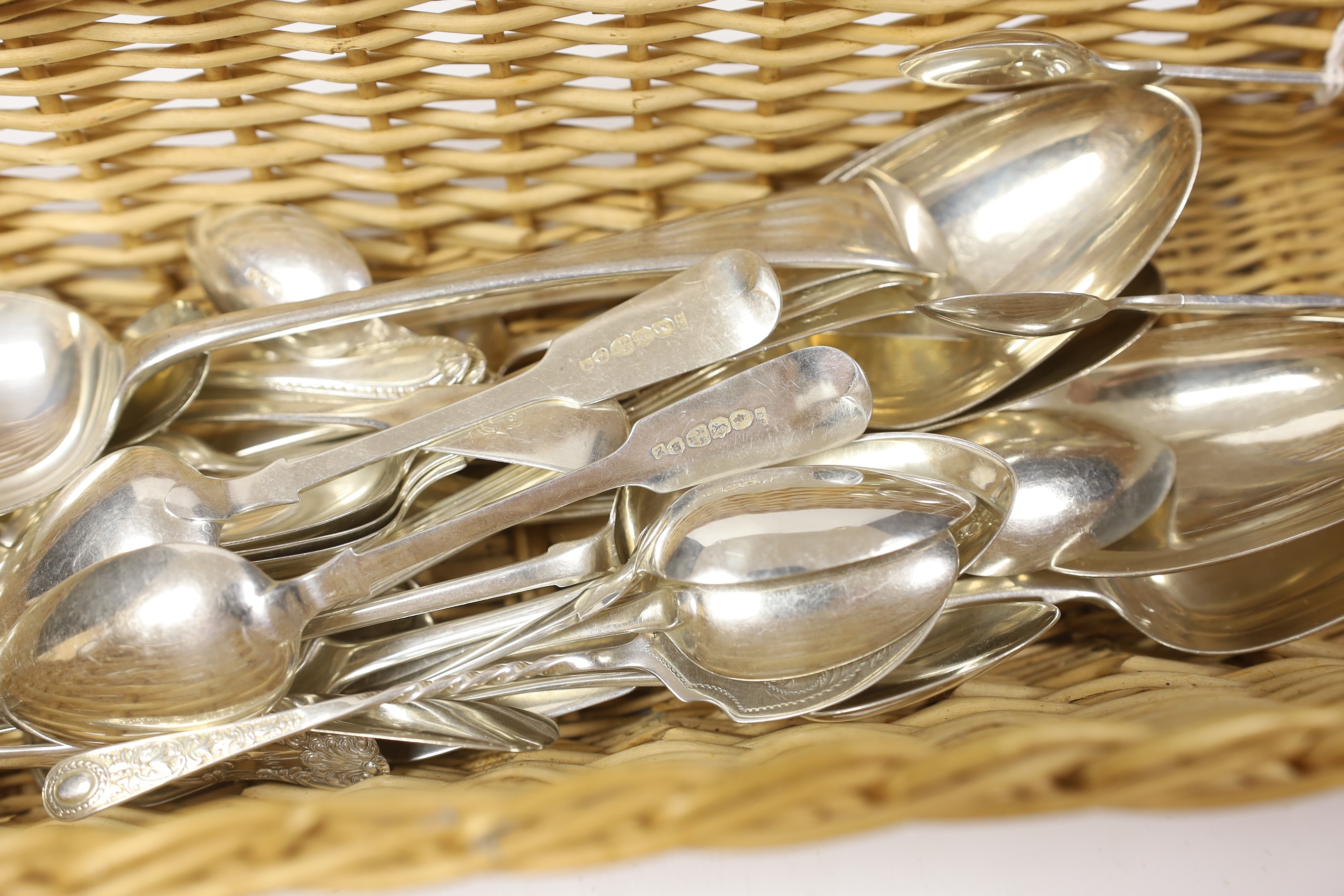 Assorted silver flatware including a set of six Victorian fiddle pattern teaspoons and pair of tongs, Newcastle, 1852, a set of six later coffee spoons, Sheffield, 1935, a set of six George III teaspoons, London, 1811 an